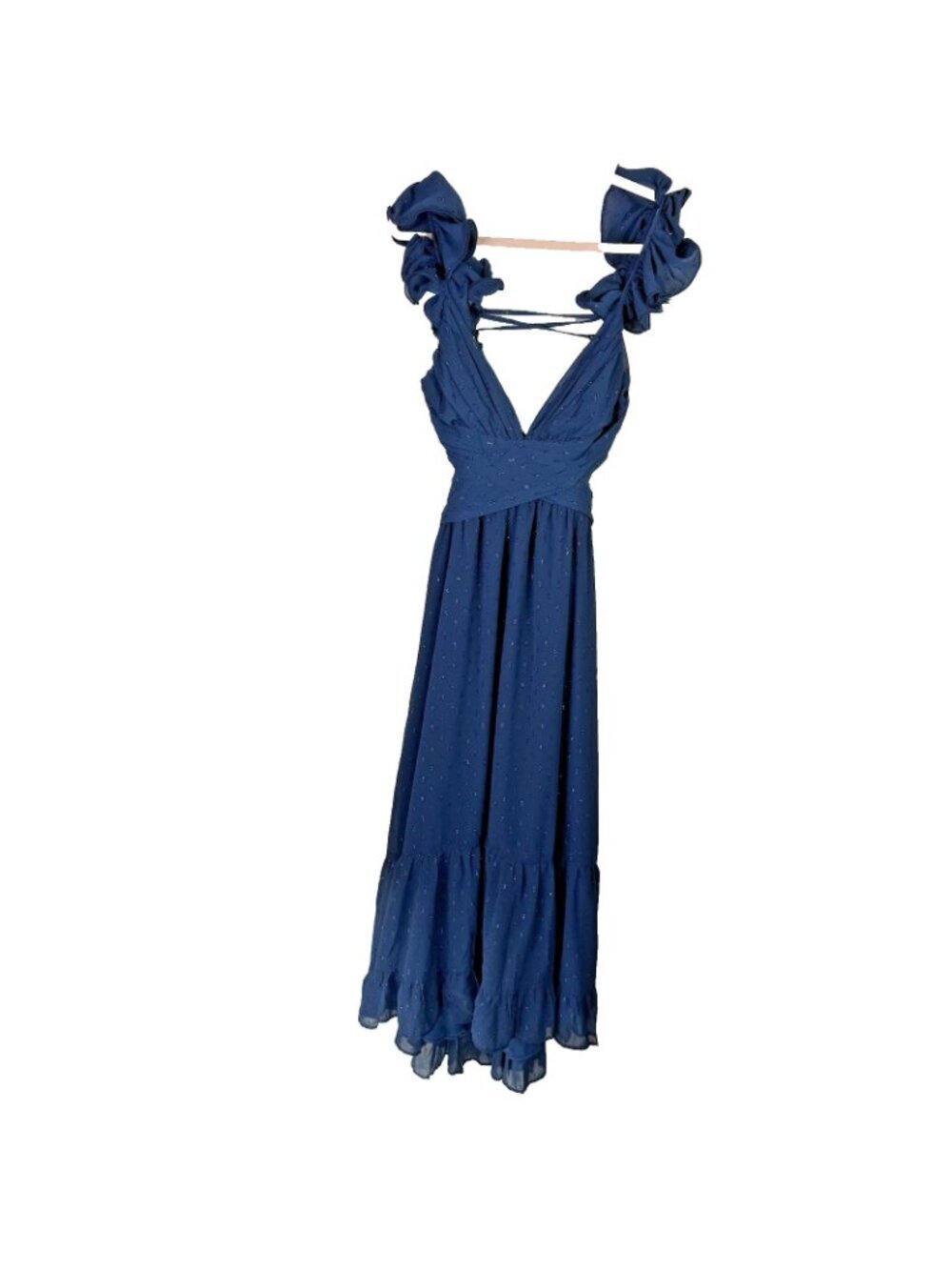 Petal + Pup Navy Glitter Ruffle Maxi Dress Deep V Lace Up Back Gala Sz L - Picture 2 of 12